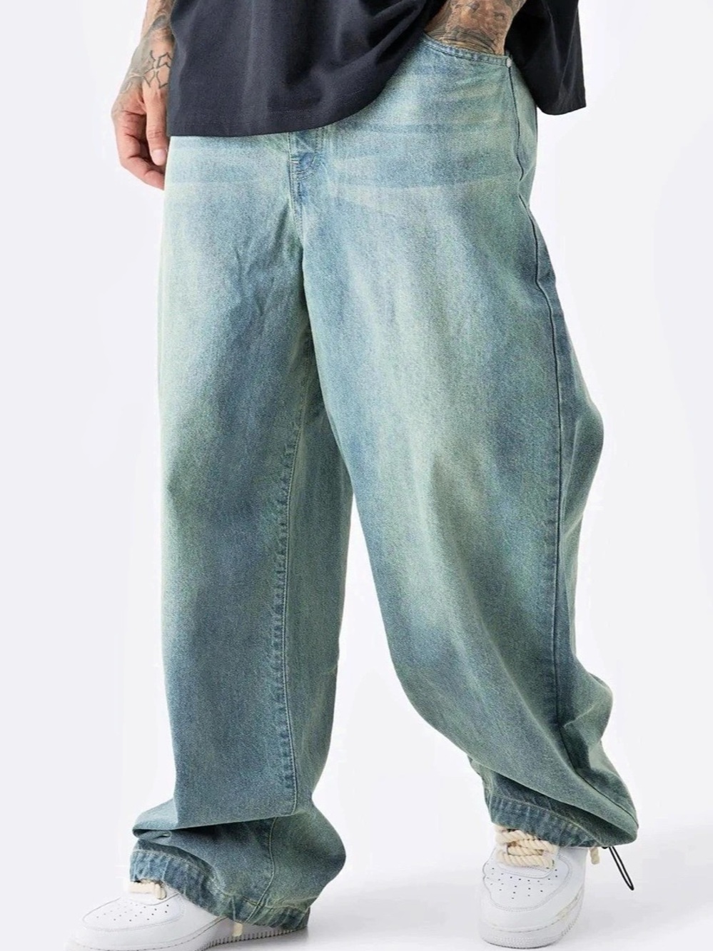 boohooMAN Tall Denim Parachute Jeans Men's Wide Leg in Antique Blue New with tag